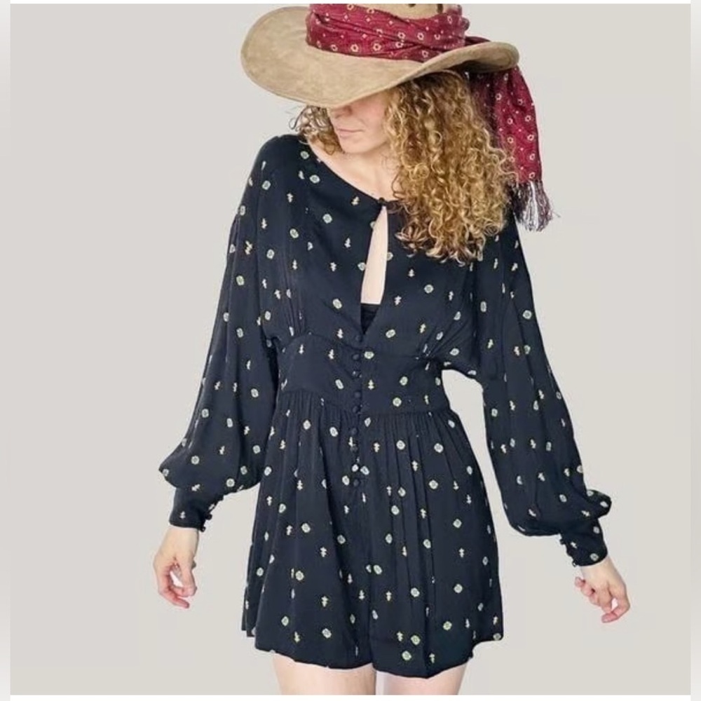 Free People Black and Gold Patterned Romper Size XS